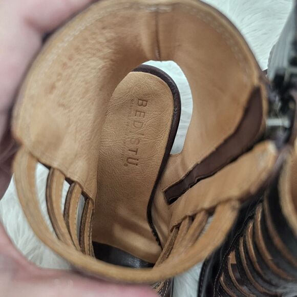 Bed Stu Occam Wedge Caged Sandals Sz 8 Teak Rustic Leather Peep Heels - Picture 5 of 10